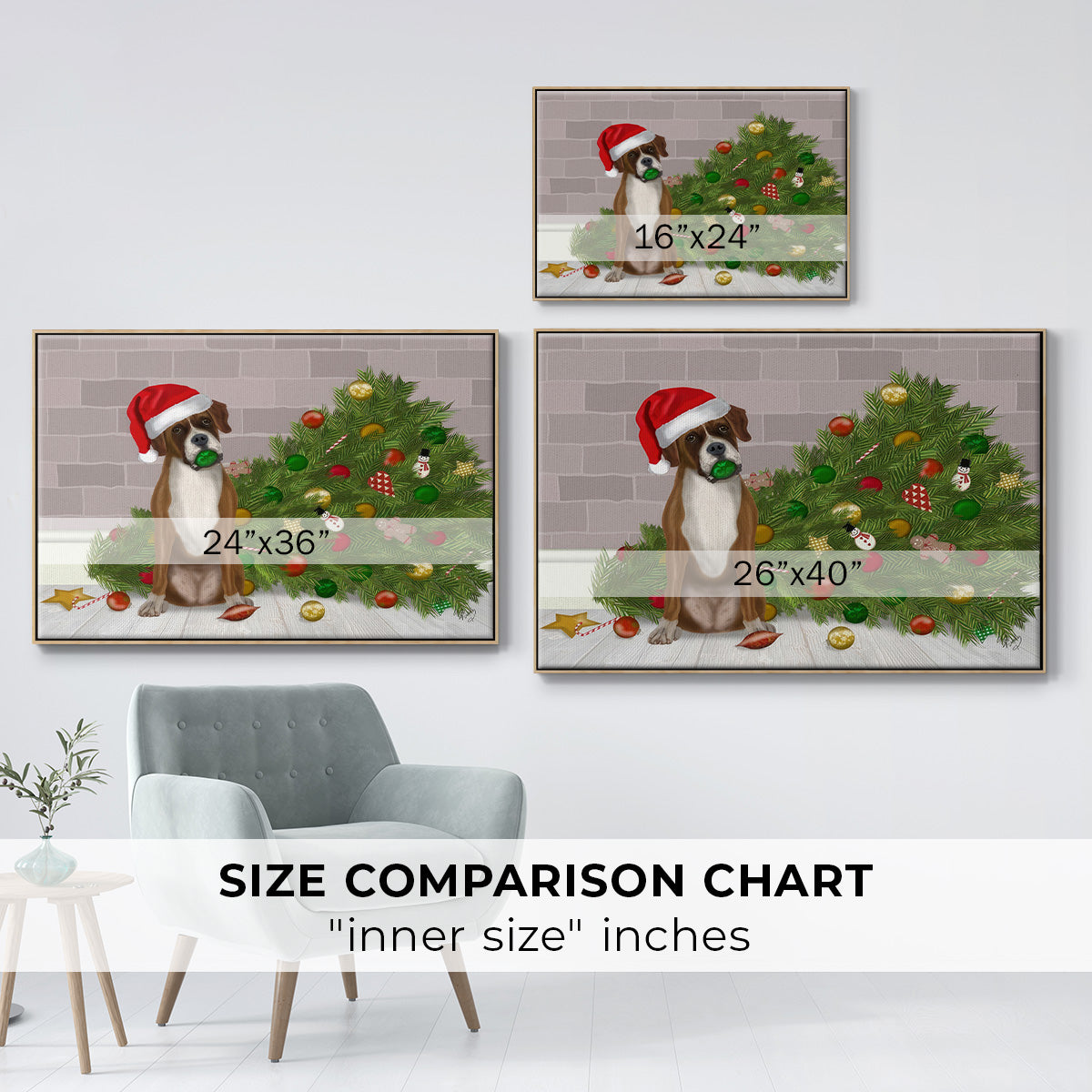 Christmas Boxer and Broken Christmas Tree - Framed Gallery Wrapped Canvas in Floating Frame