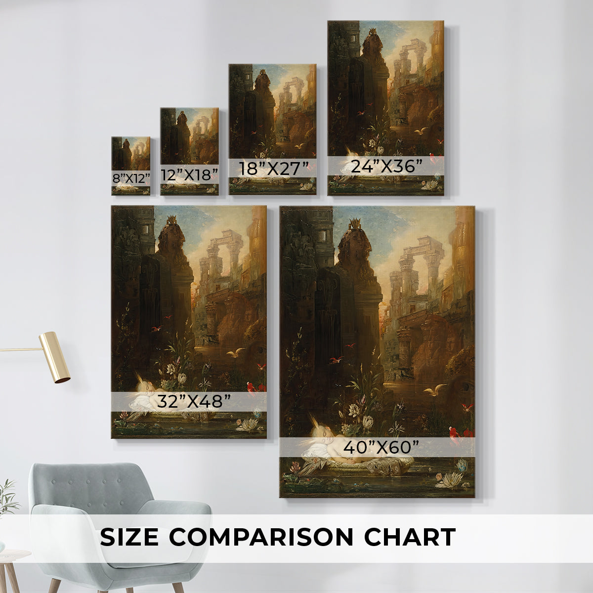 Size comparison chart for canvas art prints, showing multiple size options.