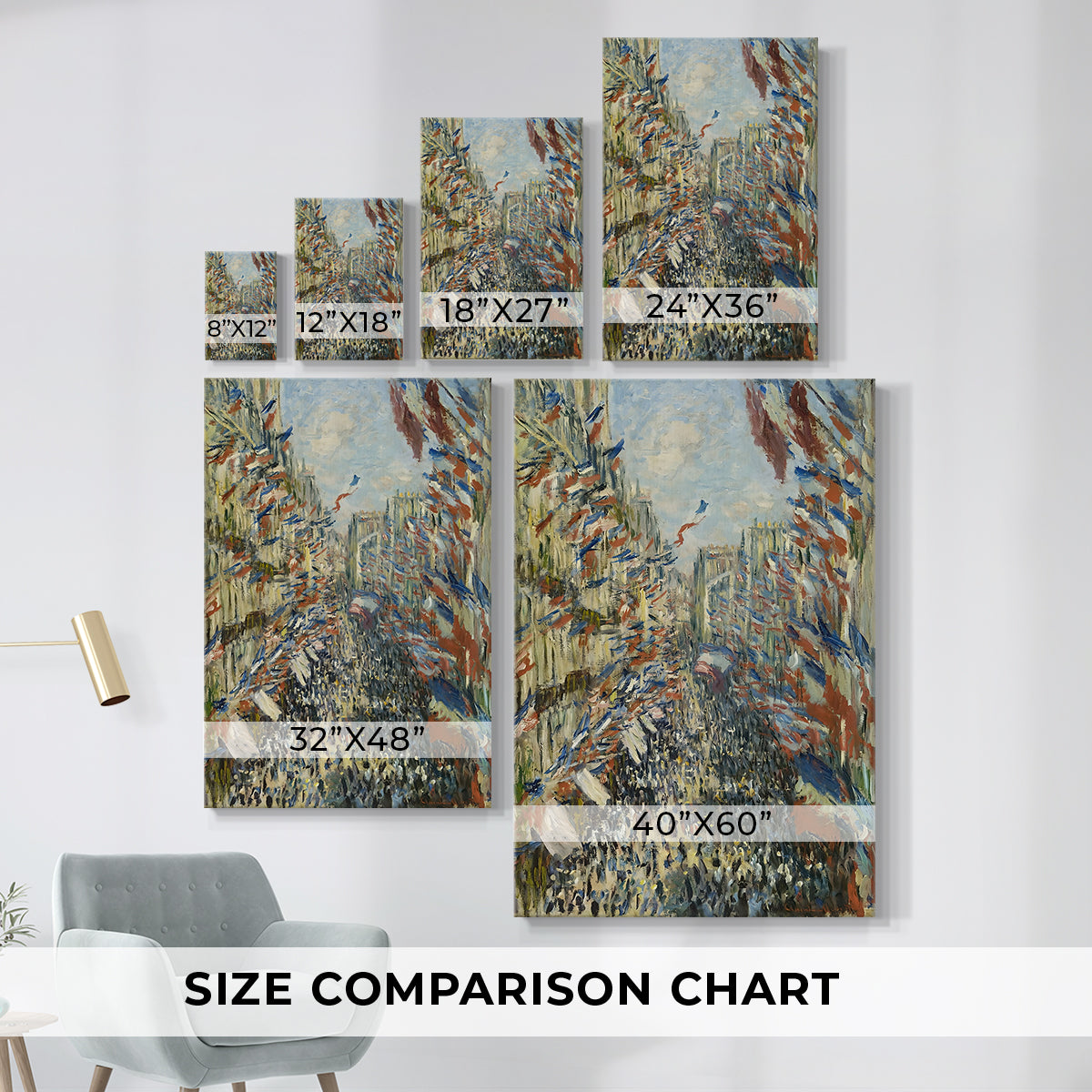 Size comparison chart for canvas art prints, showing multiple size options.