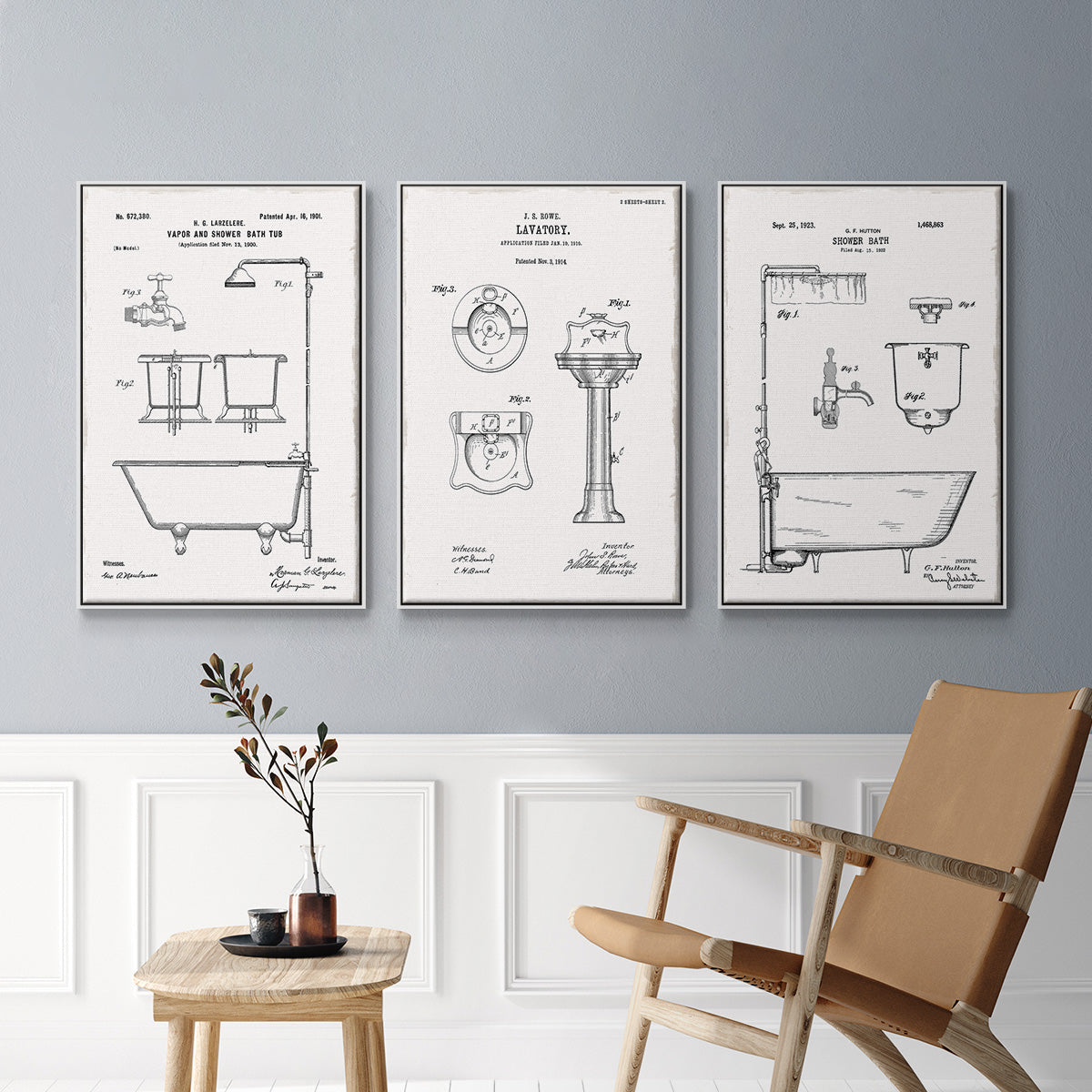 Vintage Bath I - Framed Premium Gallery Wrapped Canvas L Frame 3 Piece Set - Ready to Hang