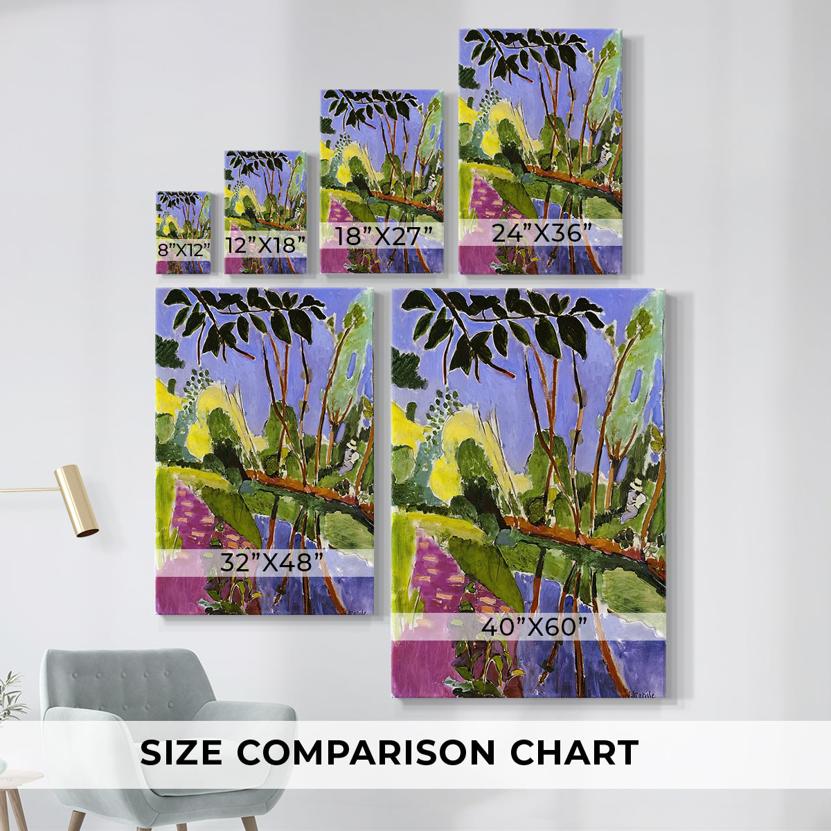 Size comparison chart for canvas art prints, showing multiple size options.