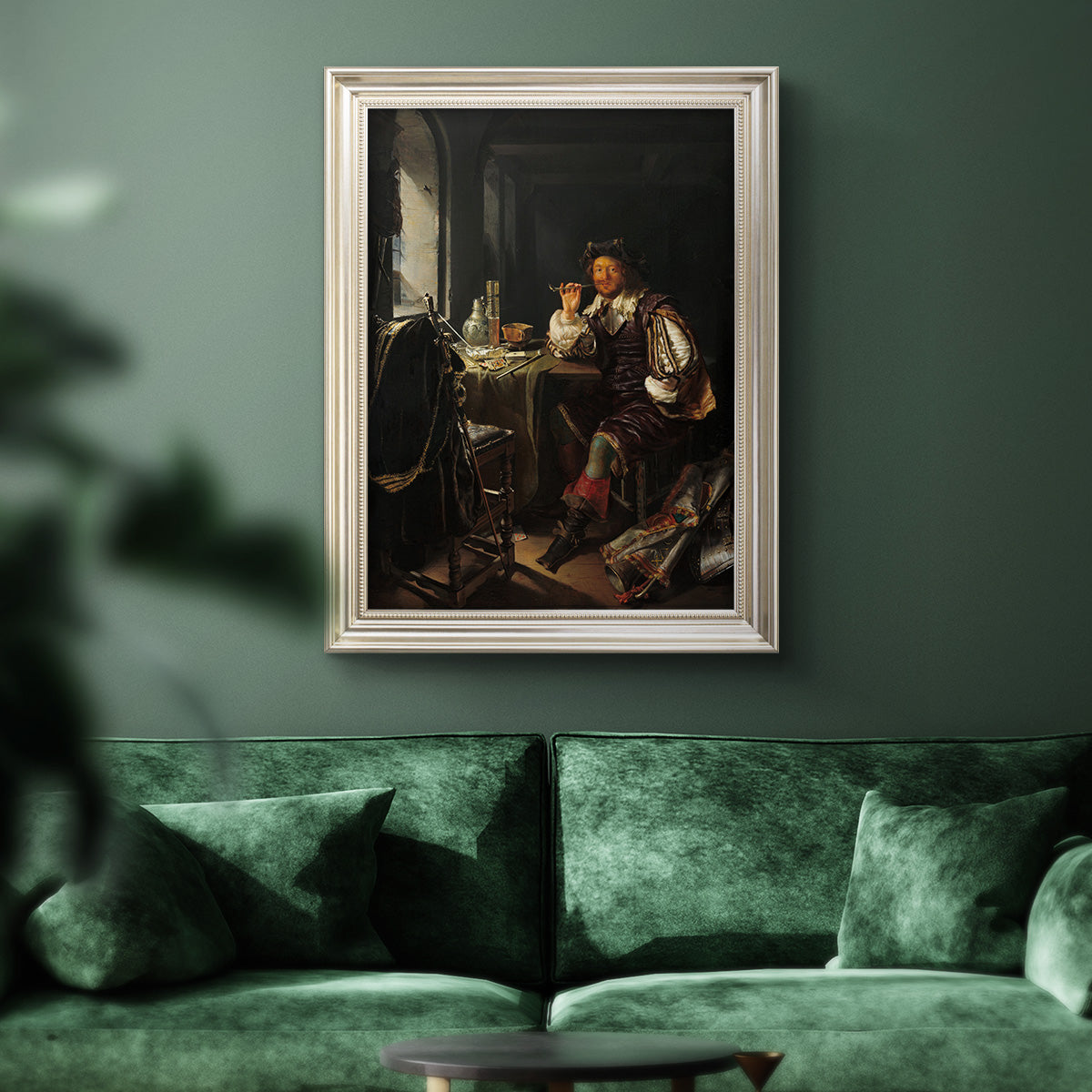 Classical portrait of a soldier smoking a pipe by Frans van Mieris the Elder in an ornate champagne frame displayed in a dark-toned interior setting.