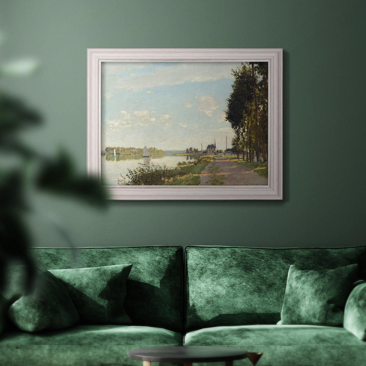 Impressionist river scene with red boats by Claude Monet in an ornate weathered white frame displayed in a dark-toned interior setting.