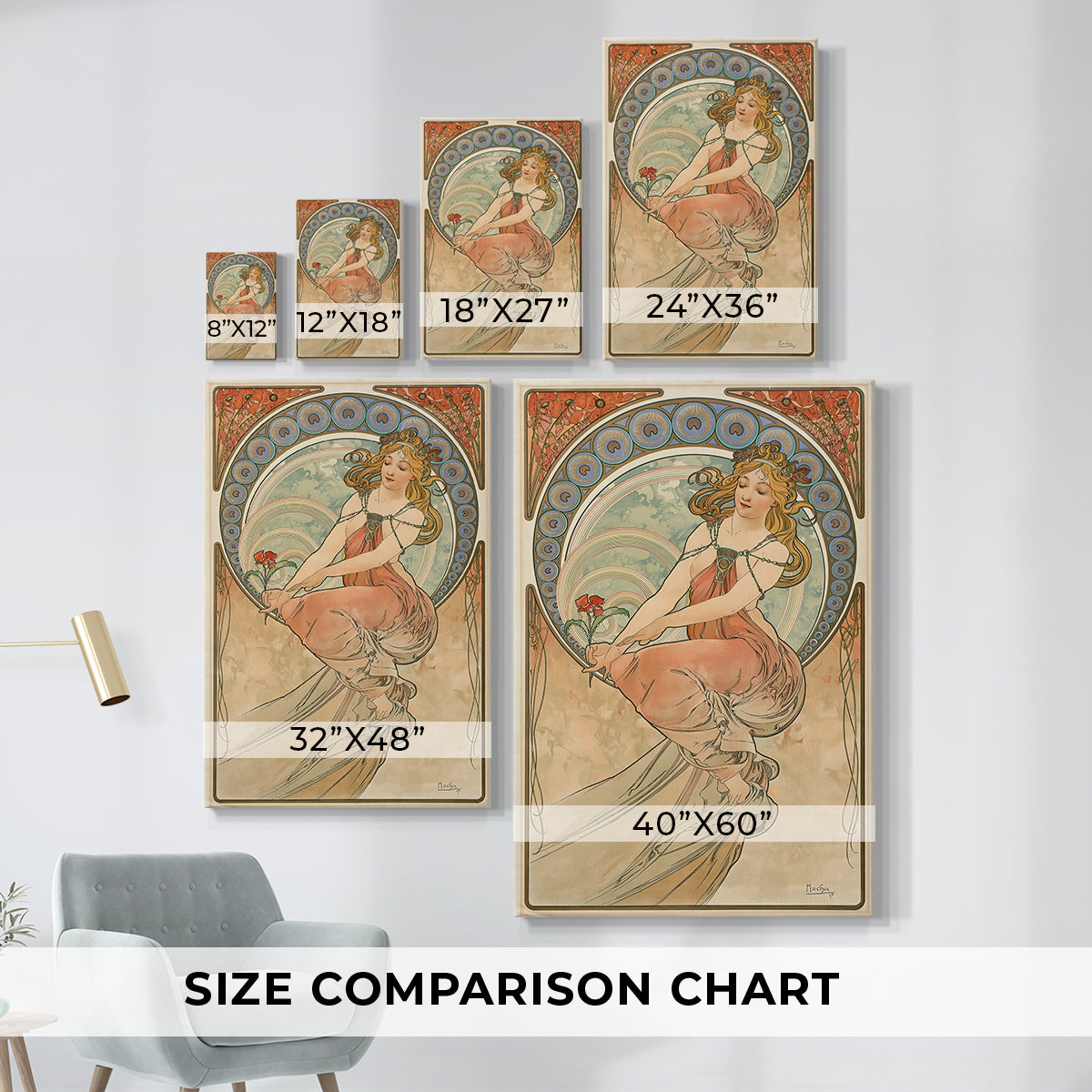 Size comparison chart for canvas art prints, showing multiple size options.