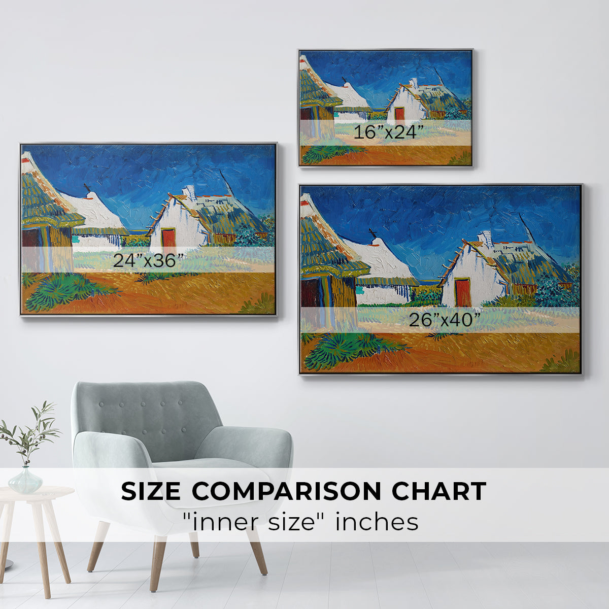 Three White Cottages at Saintes-Maries, 1888 - Floater Framed Canvas Print