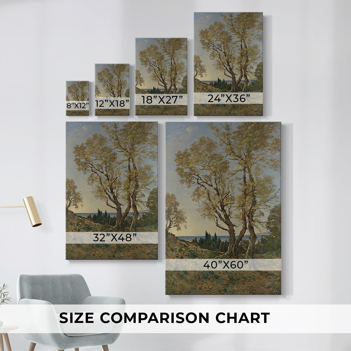 Size comparison chart for canvas art prints, showing multiple size options.