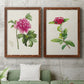 Set of two maple barnwood framed canvas prints depicting a coordinated art pair of pink flowering plant specimens rendered as vintage botanical plate illustrations above a sofa in a modern living room.