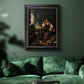 Classical portrait of a soldier smoking a pipe by Frans van Mieris the Elder in an ornate black frame with gilded inner detail displayed in a dark-toned interior setting.