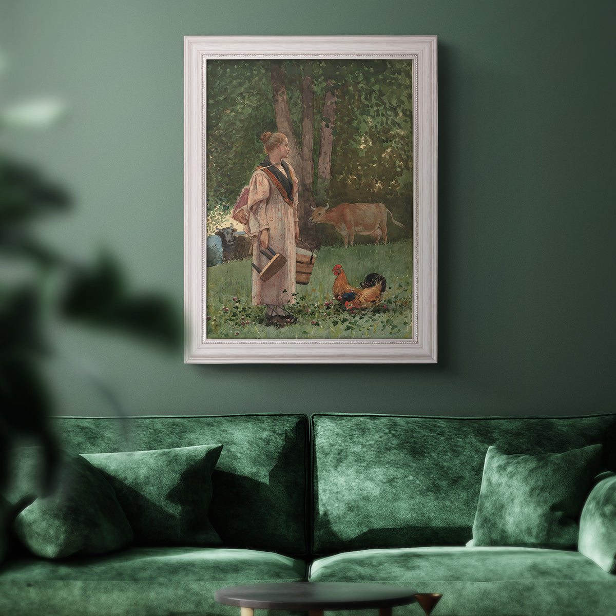 Realist genre scene of a milkmaid by Winslow Homer in an ornate weathered white frame displayed in a dark-toned interior setting.