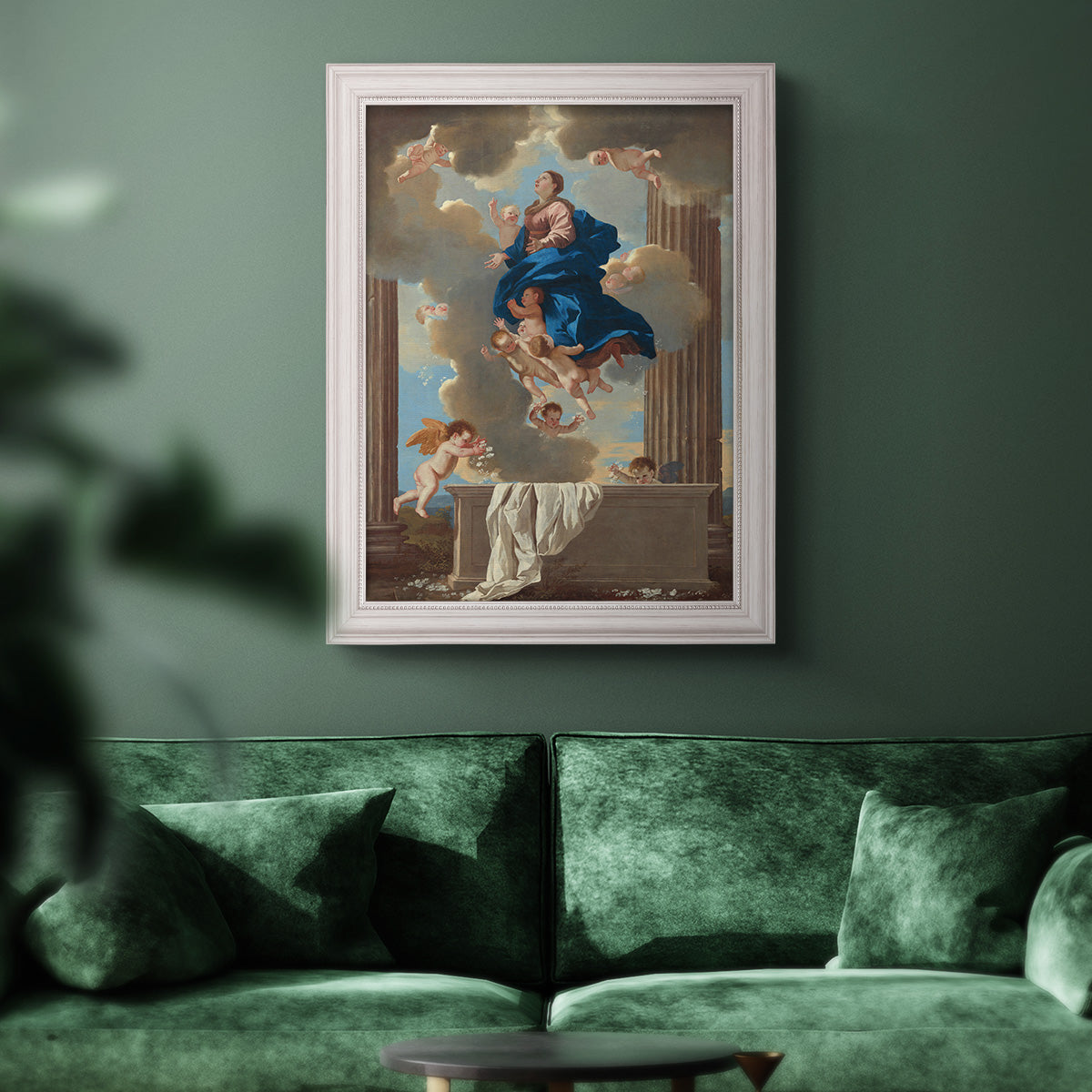 Classical religious depiction of the Assumption of the Virgin by Nicolas Poussin in an ornate weathered white frame displayed in a dark-toned interior setting.