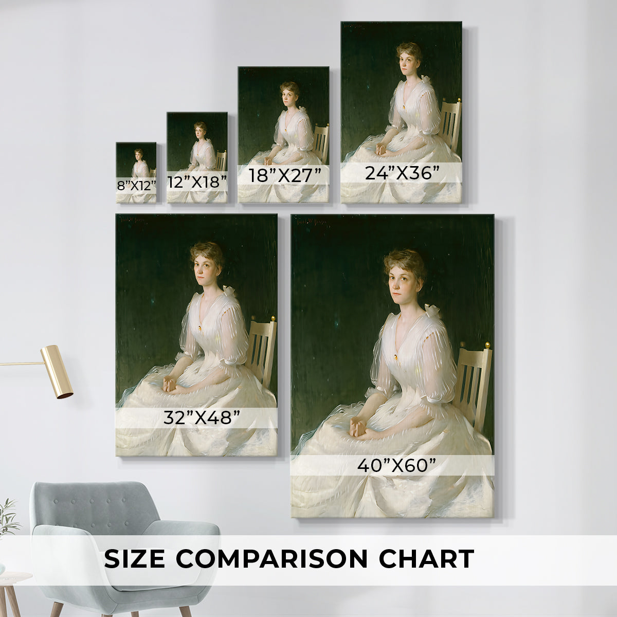 Size comparison chart for canvas art prints, showing multiple size options.