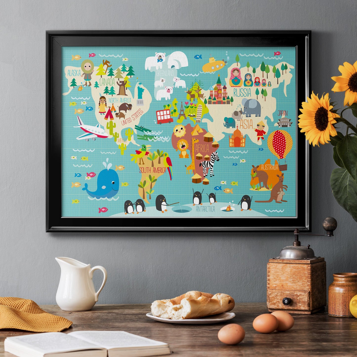 Children's World Map Premium Classic Framed Canvas - Ready to Hang