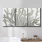 Three-panel canvas wall art featuring monochrome coral texture study, displayed in a bathroom above a bathtub.
