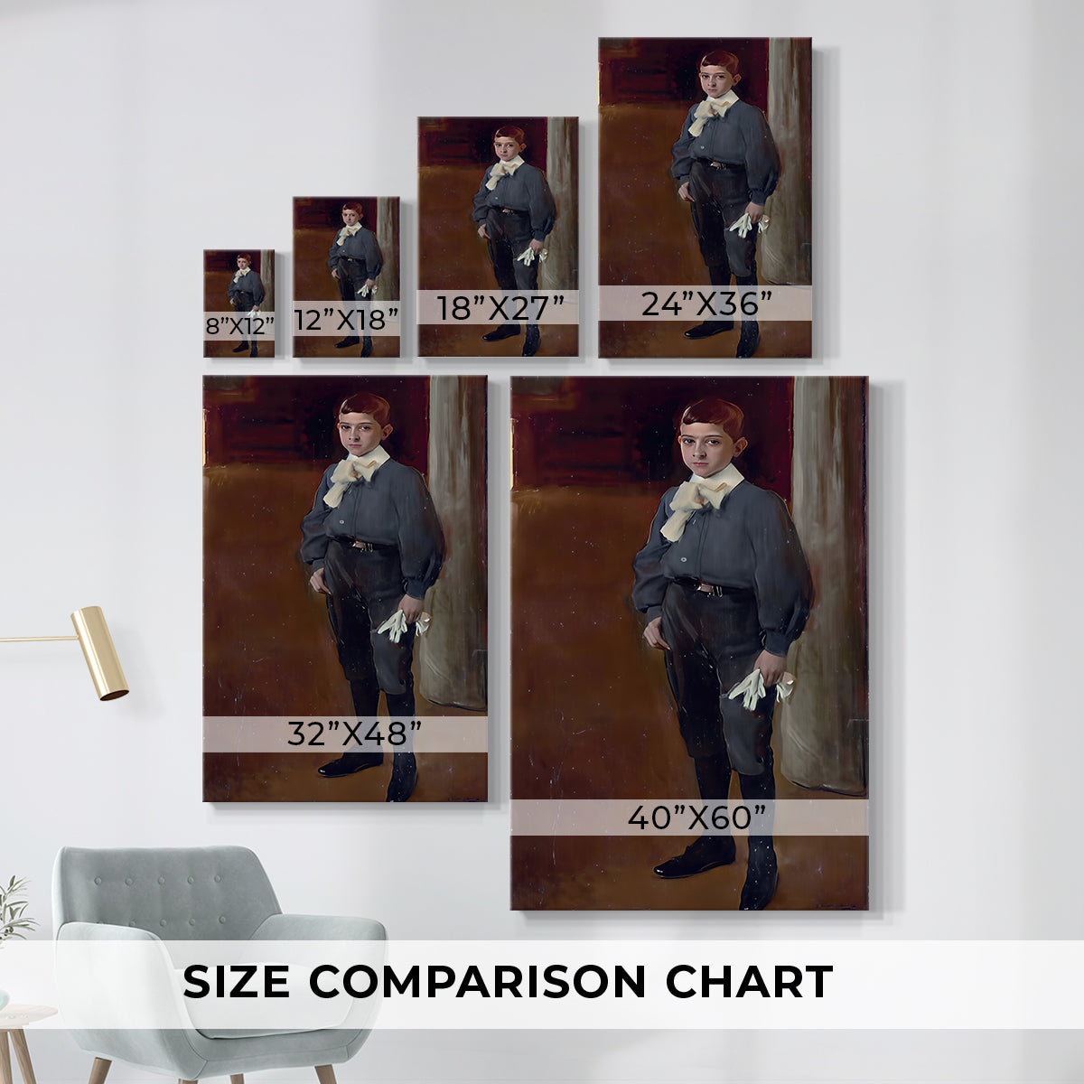 Size comparison chart for canvas art prints, showing multiple size options.