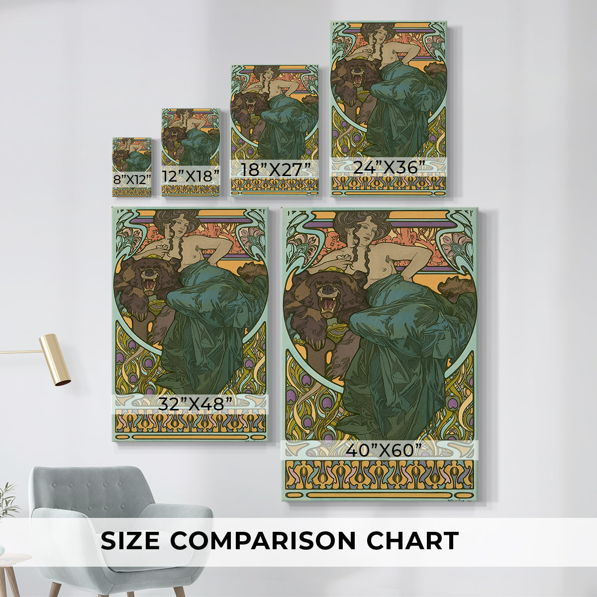 Size comparison chart for canvas art prints, showing multiple size options.