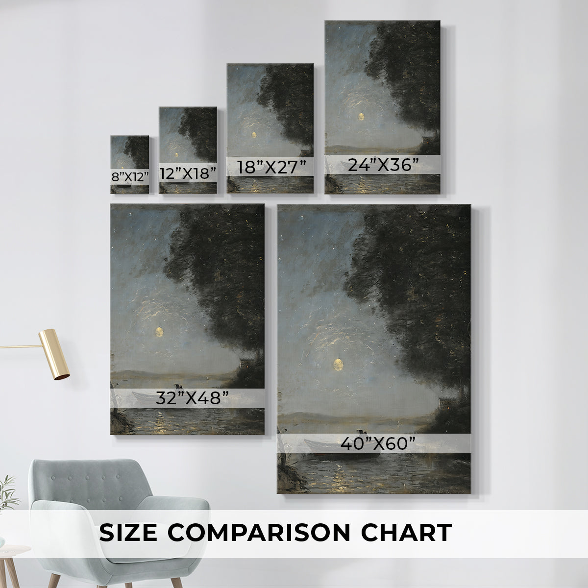 Size comparison chart for canvas art prints, showing multiple size options.
