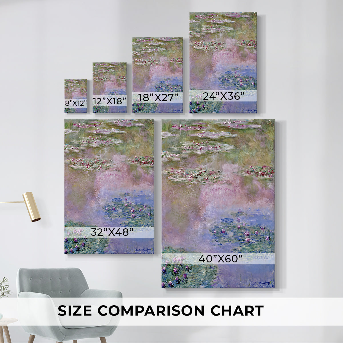 Size comparison chart for canvas art prints, showing multiple size options.