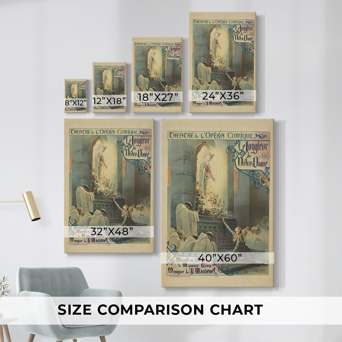 Size comparison chart for canvas art prints, showing multiple size options.