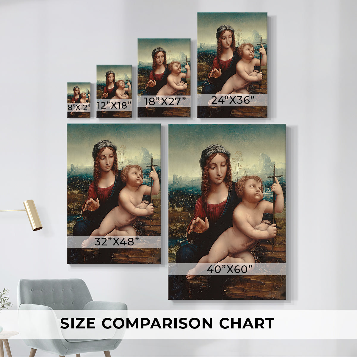 Size comparison chart for canvas art prints, showing multiple size options.