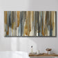 Three-panel canvas wall art featuring abstract vertical illusion pattern, displayed in a bathroom above a bathtub.