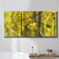 Three-panel canvas wall art featuring backlit aspen trees photograph, displayed in a bathroom above a bathtub.
