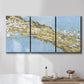 Three-panel canvas wall art featuring , displayed in a bathroom above a bathtub.