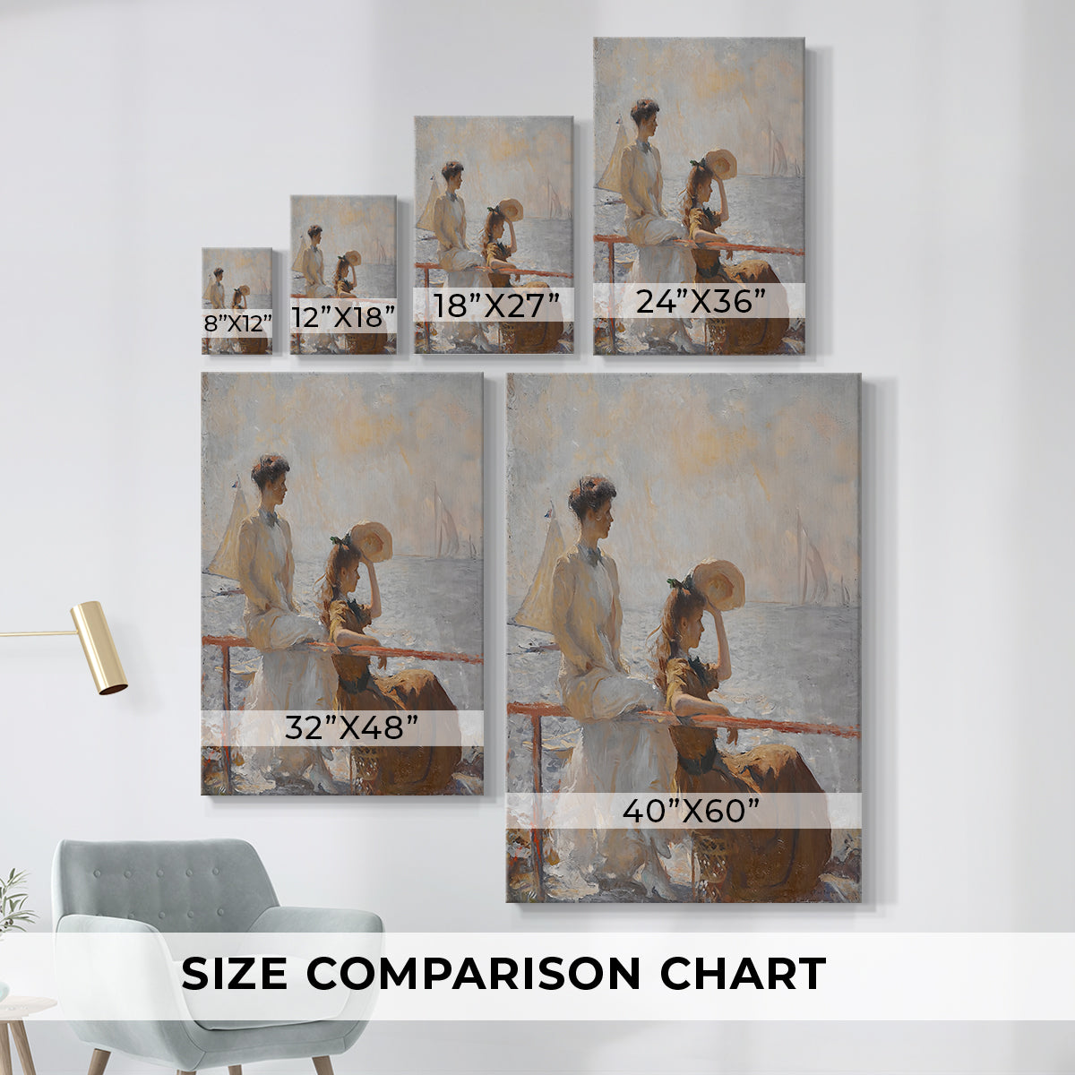 Size comparison chart for canvas art prints, showing multiple size options.