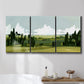 Three-panel canvas wall art featuring lush green summer countryside, displayed in a bathroom above a bathtub.