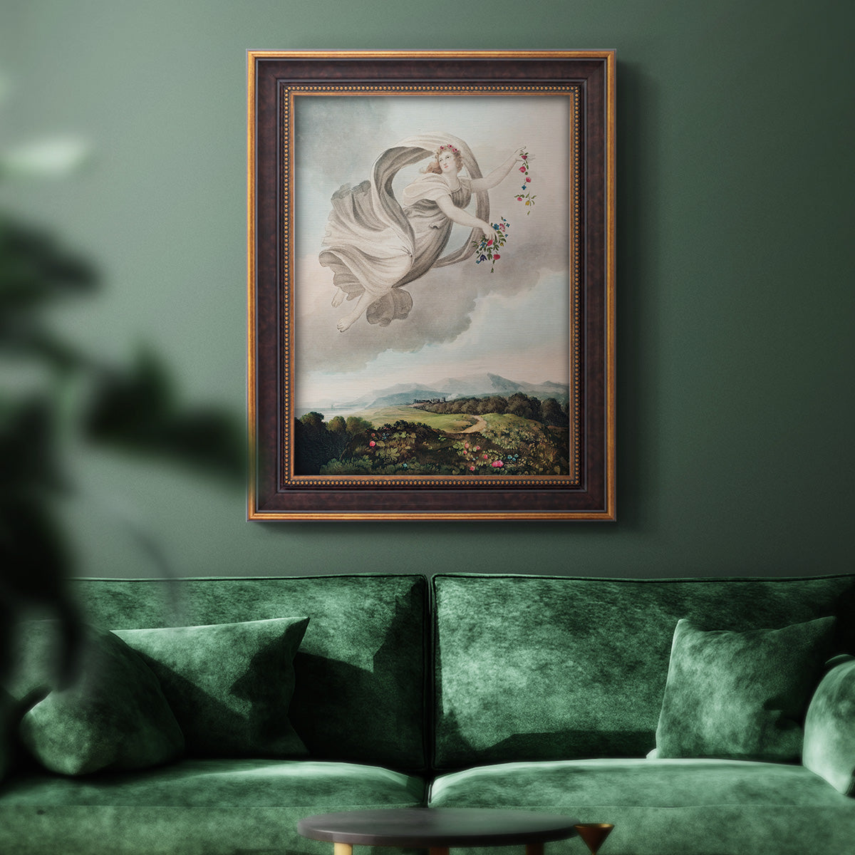 Classical allegorical depiction of the goddess Flora by Robert John Thornton in an ornate bronzed mahogany wood frame displayed in a dark-toned interior setting.