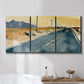 Three-panel canvas wall art featuring empty highway stretching through landscape, displayed in a bathroom above a bathtub.