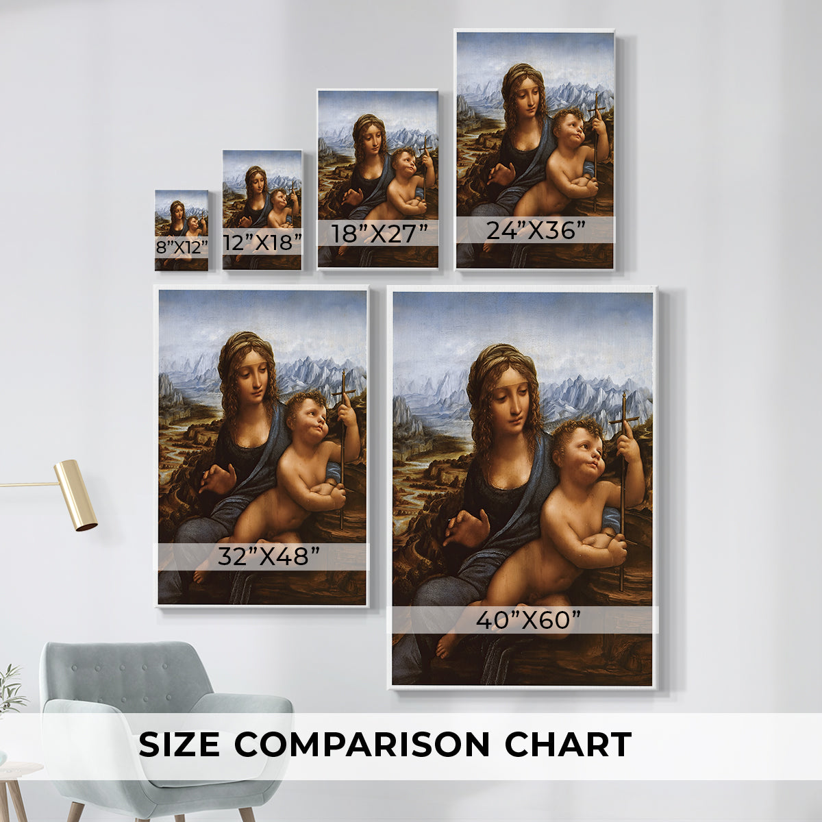 Size comparison chart for canvas art prints, showing multiple size options.