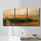 Three-panel canvas wall art featuring soft abstract evening light, displayed in a bathroom above a bathtub.