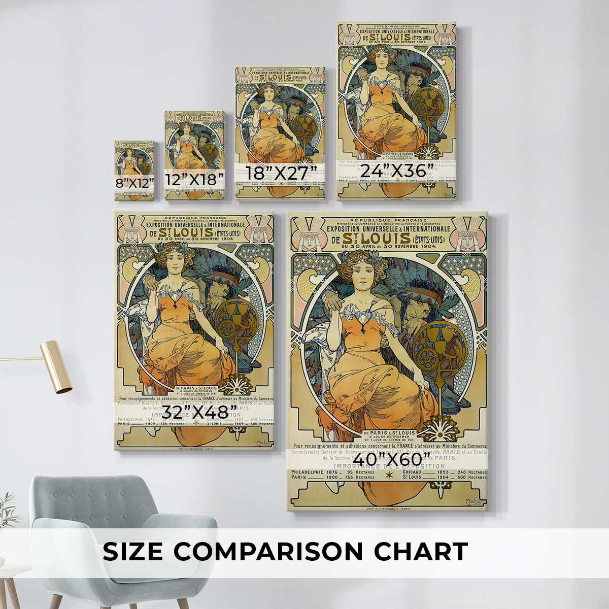 Size comparison chart for canvas art prints, showing multiple size options.