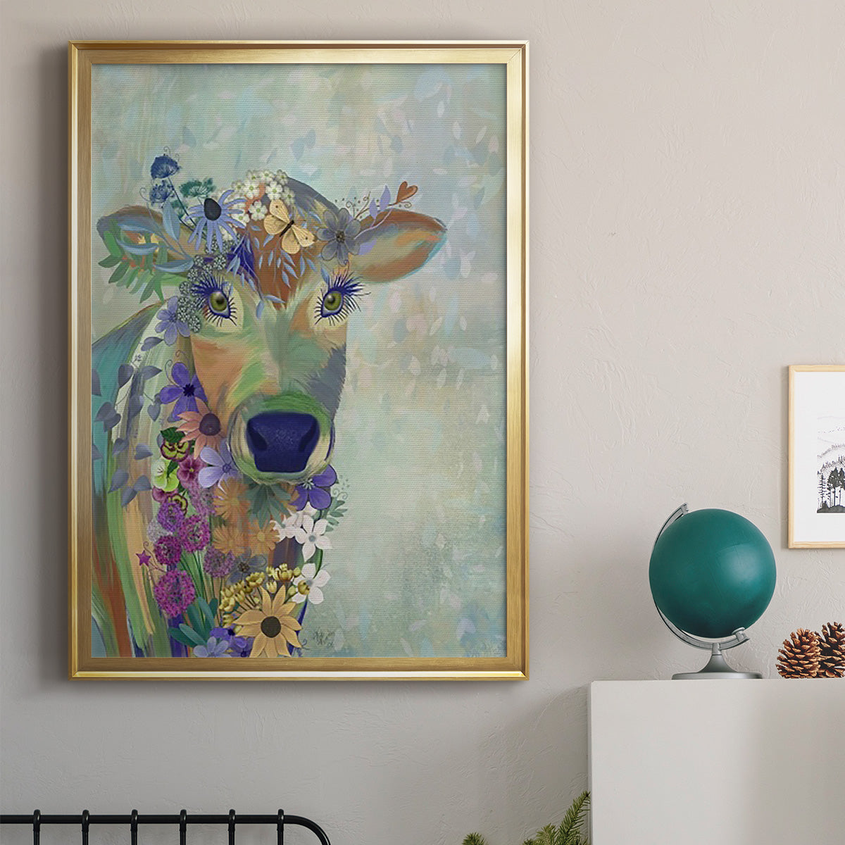 Fantastic Florals Cow - Modern Framed Canvas Print