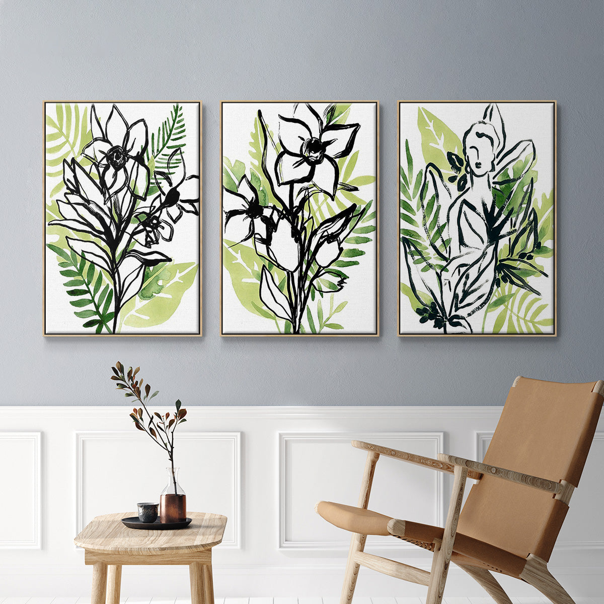 Tropical Sketchbook I - Framed Premium Gallery Wrapped Canvas L Frame 3 Piece Set - Ready to Hang