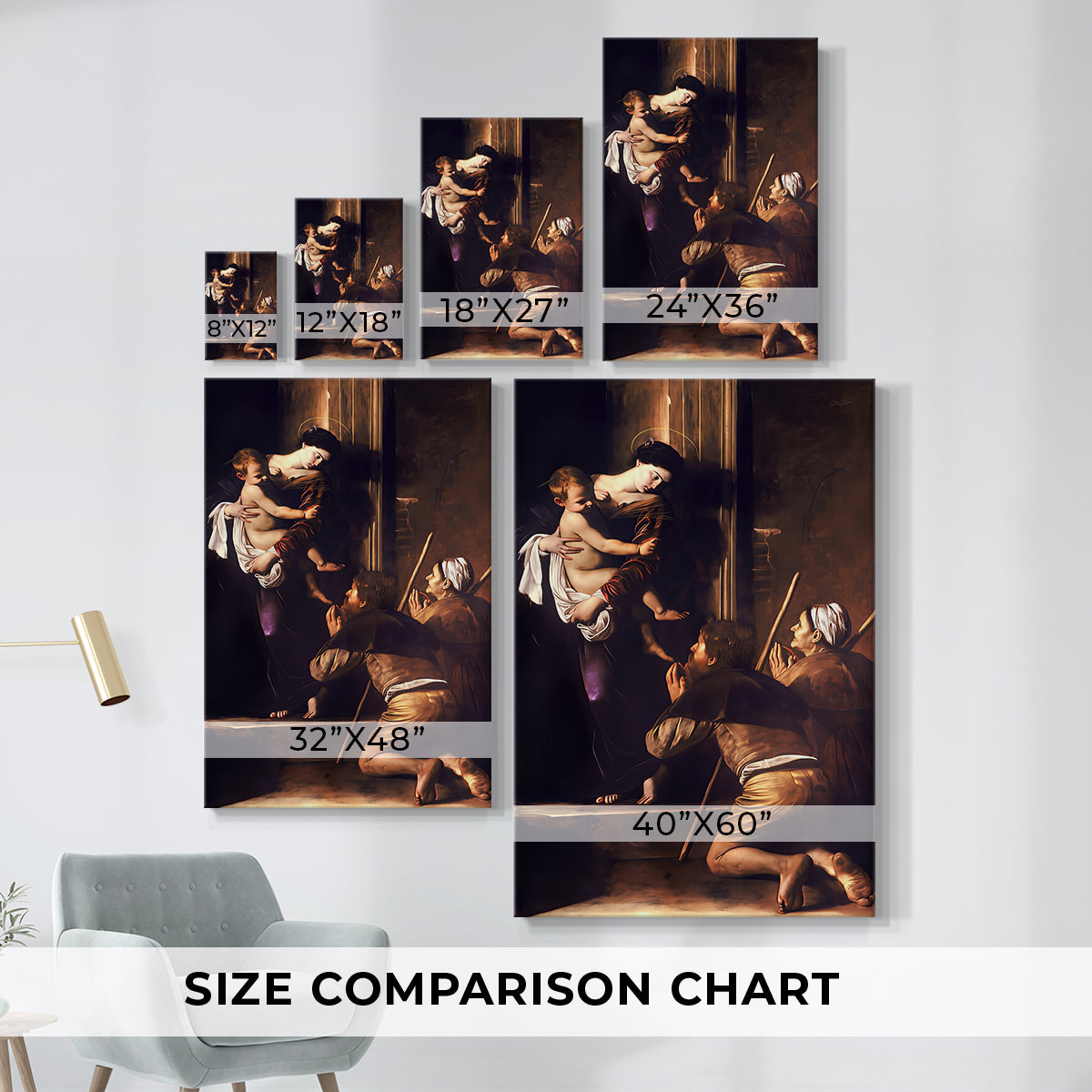 Size comparison chart for canvas art prints, showing multiple size options.
