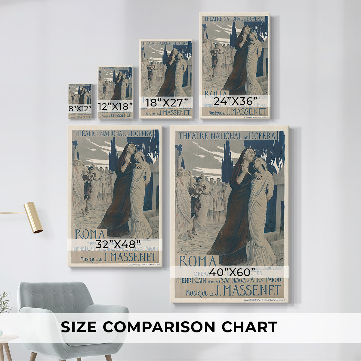Size comparison chart for canvas art prints, showing multiple size options.