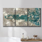 Three-panel canvas wall art featuring layered mineral abstract textures, displayed in a bathroom above a bathtub.