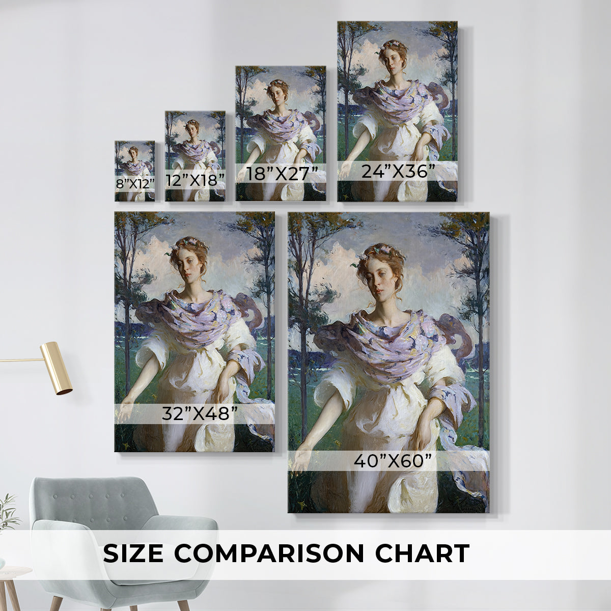 Size comparison chart for canvas art prints, showing multiple size options.