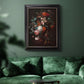 Classical floral still life painting by Jan van Huysum in an ornate black frame with gilded inner detail displayed in a dark-toned interior setting.