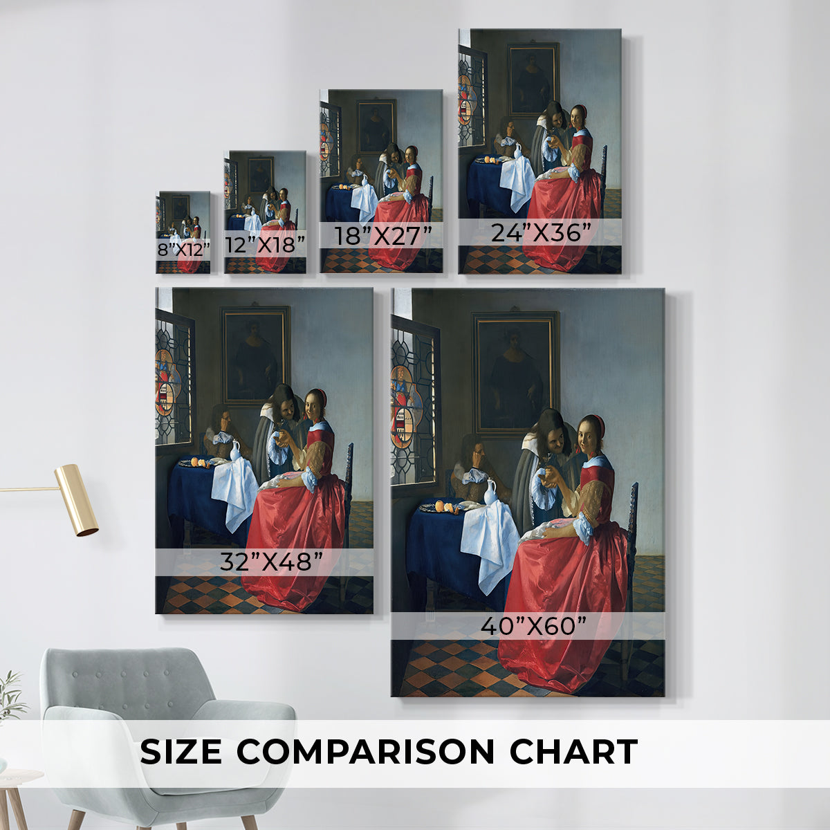 Size comparison chart for canvas art prints, showing multiple size options.