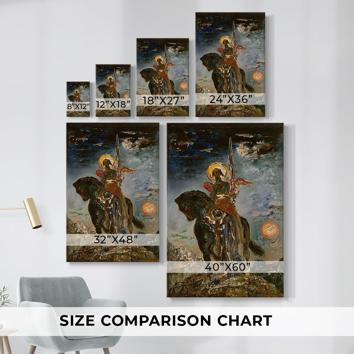 Size comparison chart for canvas art prints, showing multiple size options.