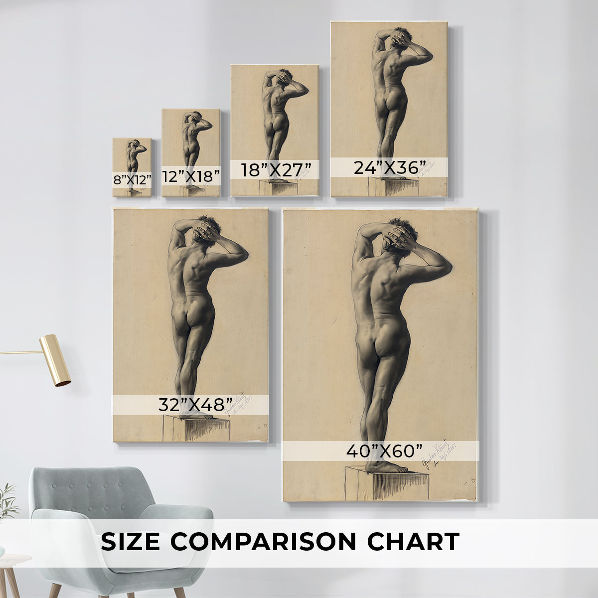 Size comparison chart for canvas art prints, showing multiple size options.