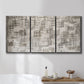 Three-panel canvas wall art featuring grid based geometric abstraction, displayed in a bathroom above a bathtub.
