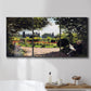 Three-panel canvas wall art featuring coastal garden overlooking sea, displayed in a bathroom above a bathtub.