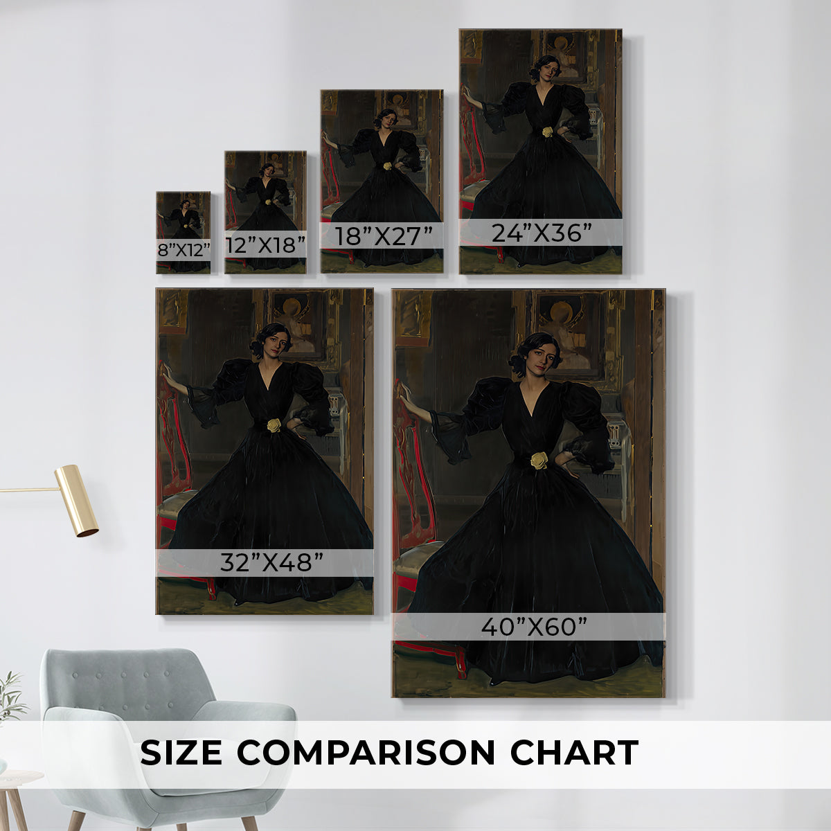 Size comparison chart for canvas art prints, showing multiple size options.