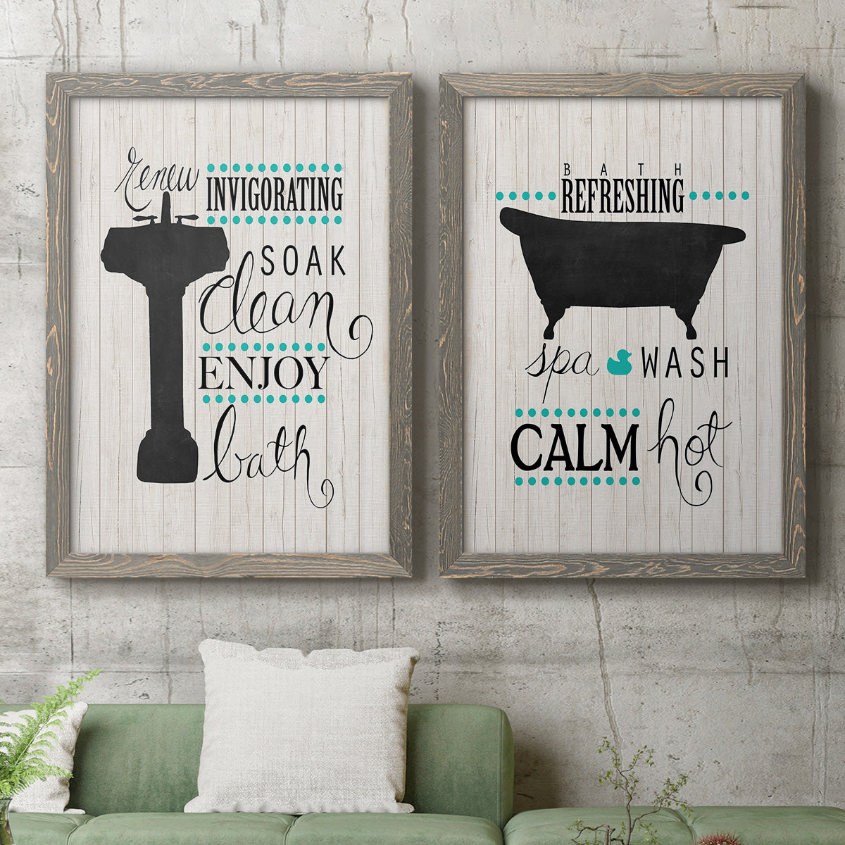 Set of two gray barnwood framed canvas prints depicting a coordinated art pair of playful bathtub silhouettes and bath-themed typography rendered as graphic bathroom word art above a sofa in a modern living room.