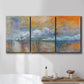 Three-panel canvas wall art featuring bridge shrouded in fog and smoke, displayed in a bathroom above a bathtub.