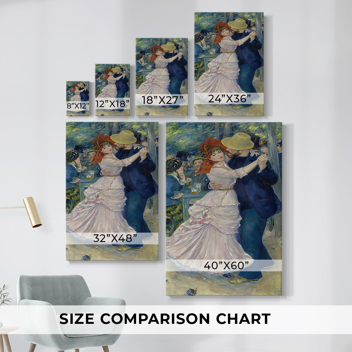 Size comparison chart for canvas art prints, showing multiple size options.