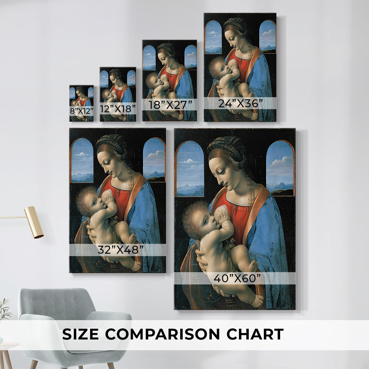 Size comparison chart for canvas art prints, showing multiple size options.